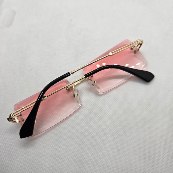 Trendy Pink Tinted‎ Rectangular Sunglasses Gold Frame 2023 Modern Chic Eyewear - Picture 5 of 8